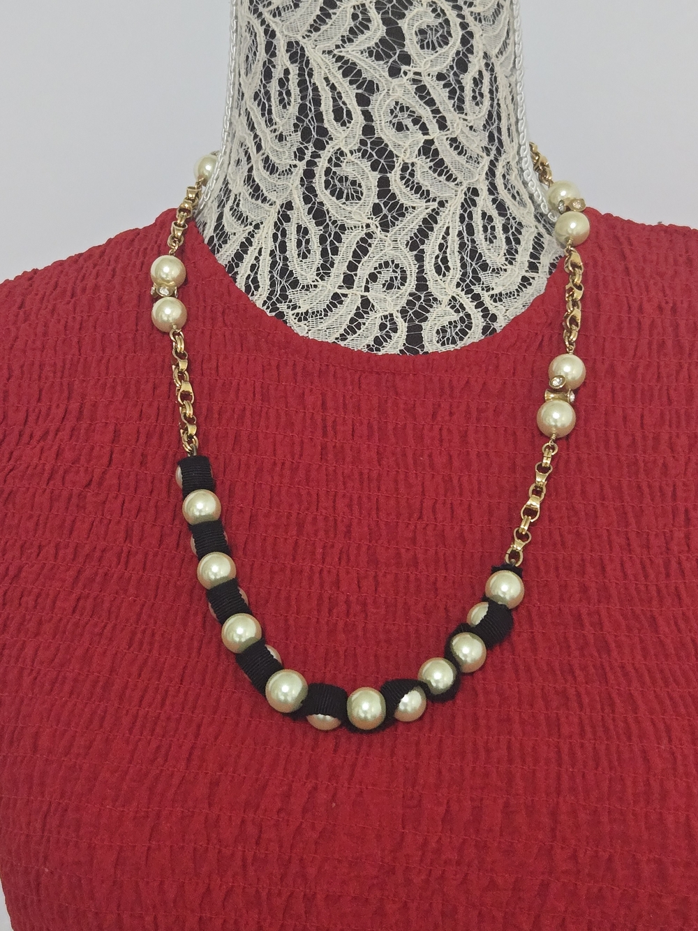 J. Crew Gold-Tone Chain Necklace with Pearls and Black Ribbon